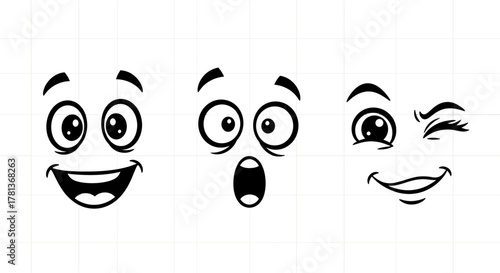 Black and white cartoon faces with various expressions on grid background