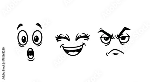 Set of cartoon faces expressing different emotions in black and white style