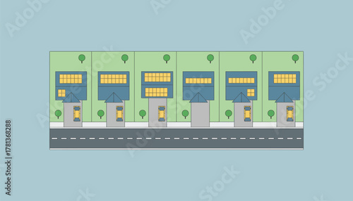 An overhead view of a residential neighborhood showcasing electric vehicles parked in driveways and solar panels on rooftops.