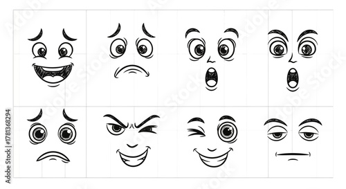 Collection of cartoon faces with diverse expressions in black and white