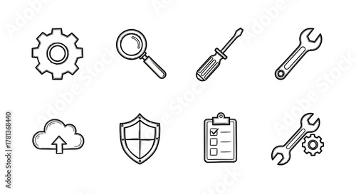 Linear icons of tools and technology for digital and mechanical applications