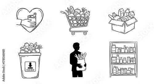 Grocery shopping icons: heart, cart, box, bin, silhouette, shelf in simple sketch style