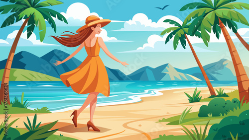 A joyful woman traveler walking barefoot along a tropical sandy beach with turquoise water and palm trees, wearing a summer dress and hat, feeling free and happy