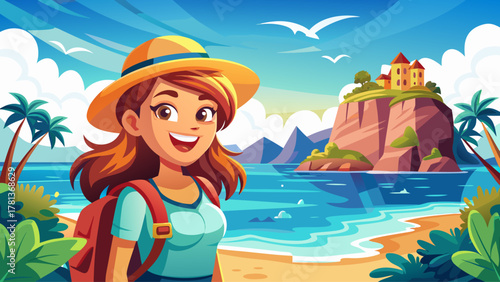 A smiling young woman traveler with a hat and backpack standing on a scenic coastal beach surrounded by clear blue water, cliffs, and palm trees, radiating joy, freedom, and adventure