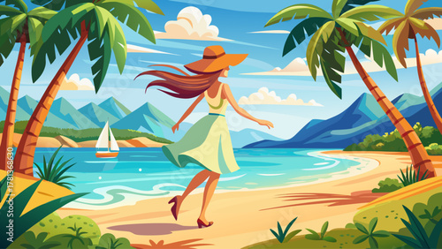 A joyful woman traveler walking barefoot along a tropical sandy beach with turquoise water and palm trees, wearing a summer dress and hat, feeling free and happy