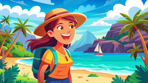 A smiling young woman traveler with a hat and backpack standing on a scenic coastal beach surrounded by clear blue water, cliffs, and palm trees, radiating joy, freedom, and adventure