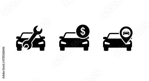 Car repair, rental, and location icons in black silhouette style