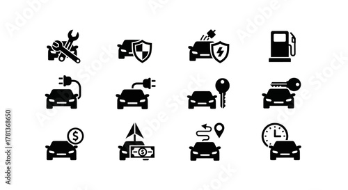 Car service and maintenance icons set in monochrome