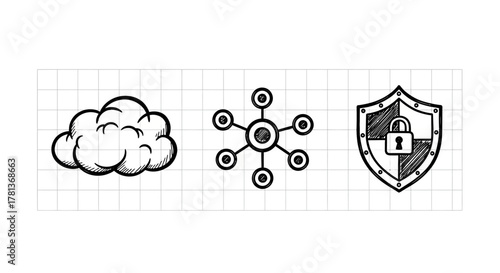 Black and white technology icon set featuring cloud, network, and security shield with lock