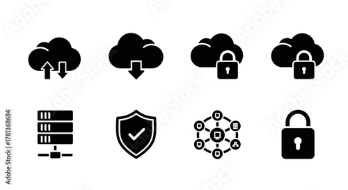 Cloud and security icons set featuring upload, download, and network protection symbols