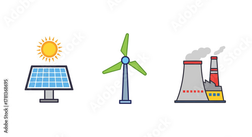 Sustainable energy sources and industrial power plant icons on white background
