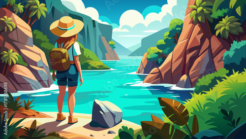 A young woman traveler standing on a rocky cliff overlooking a turquoise lagoon surrounded by lush greenery and limestone cliffs, wearing a sun hat and backpack, symbolizing adventure