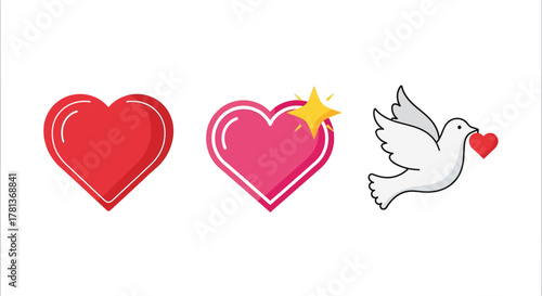 Colorful hearts and dove with heart icon set for love and peace themes