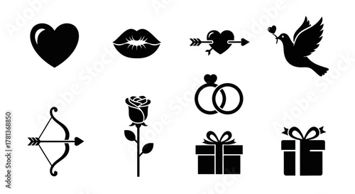 Romantic symbols: hearts, lips, doves, rings, roses, arrows, gifts