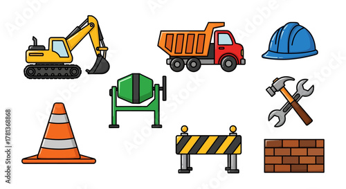 Colorful construction equipment icons for projects and design
