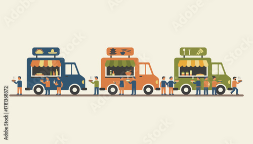 A line of food trucks offering a variety of international cuisines with festivalgoers eagerly sampling different dishes.