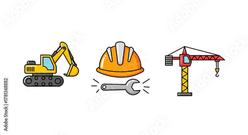 Colorful construction elements featuring crane, excavator, and hard hat