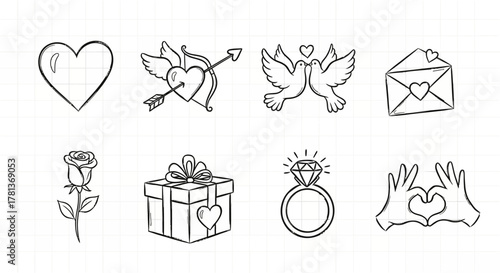 Romantic hand-drawn icons: hearts, doves, gifts, and rings on grid background