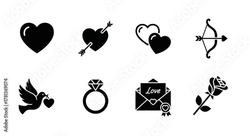Romantic love icons: hearts, arrows, doves, rings, and roses for valentine's day