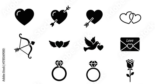 Romantic silhouette icons: hearts, rings, dove, love letter, and rose