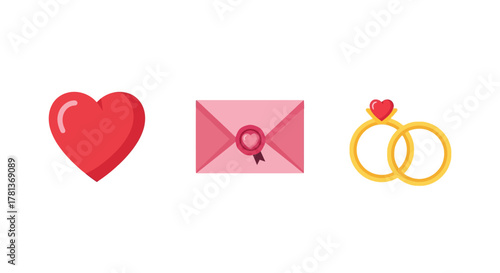 Romantic symbols set: heart, love letter, and rings