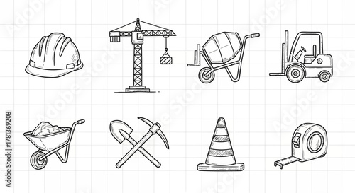 Hand drawn construction icons: tools and machinery sketch collection for builders
