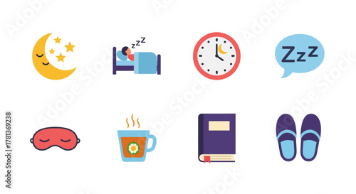 Sleep essentials: cozy nighttime flat icons for relaxation and restful sleep