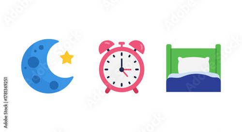 Colorful bedtime symbols: moon, alarm clock, and cozy bed