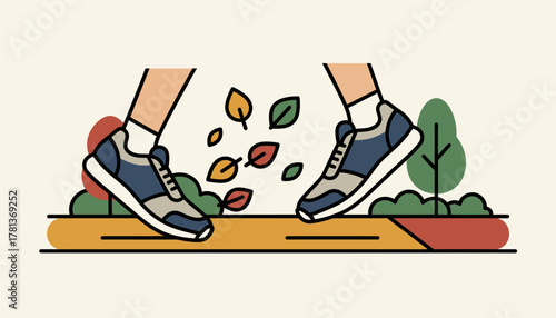 A pair of running shoes kicks up fallen leaves on a scenic park path the ground covered in a rich tapestry of autumn colors.