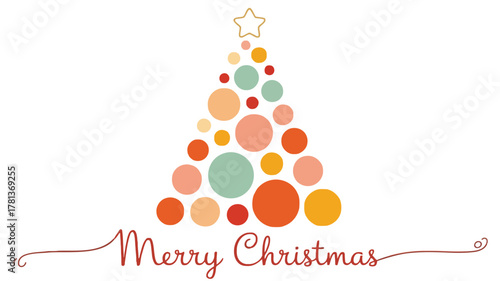 Modern merry christmas greeting card with abstract festive tree made of colorful circles and a gold star