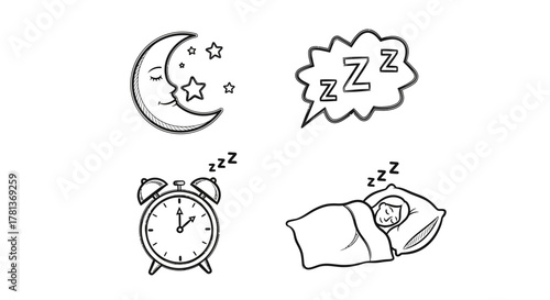 Dreamy nighttime doodles: sleepy moon, alarm clock, sleeping person, and zzz speech bubble