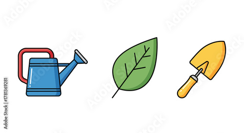 Garden tools and leaf in colorful minimal design on white background