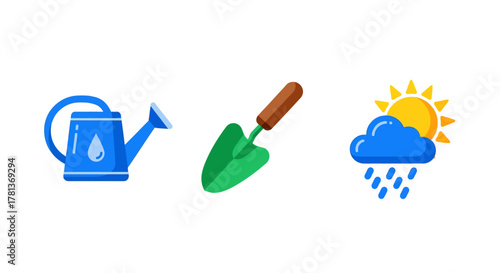 Gardening essentials: watering can, trowel, and weather icons in vibrant flat design