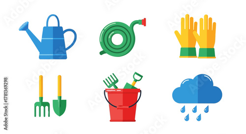 Gardening tools and weather icon set in flat design style