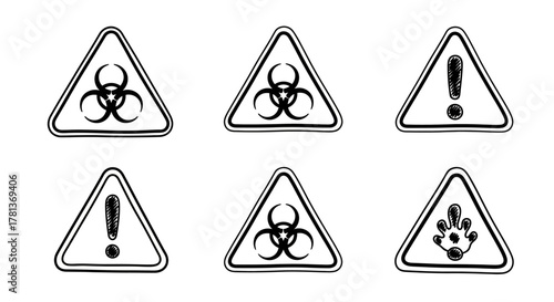 Black and white hazard symbols: biohazard, exclamation, radioactive icons