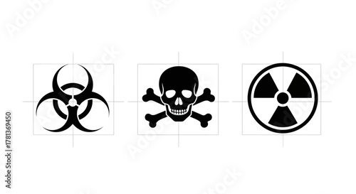 Hazard warning symbols: biohazard, skull, and radiation icons