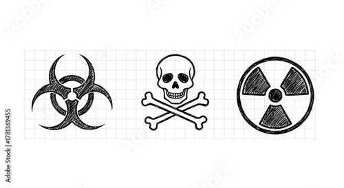 Danger symbols sketch on grid background: biohazard, skull, radiation warning icons