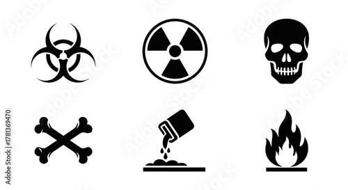 Dangerous symbols collection: skull, biohazard, flame, radiation icons in bold silhouette