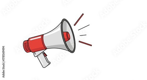 Red and white megaphone on white background with sound lines