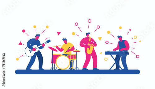 A group of musicians in harmony surrounded by vibrant lights each focused on their unique instruments during a live performance.