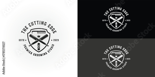 The vintage-style emblem features crossed straight razors, a barber pole, and a comb within a shield. It symbolizes the premium grooming services offered by a modern barbershop.