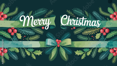 Festive merry christmas greeting with evergreen branches and red berries on a dark background