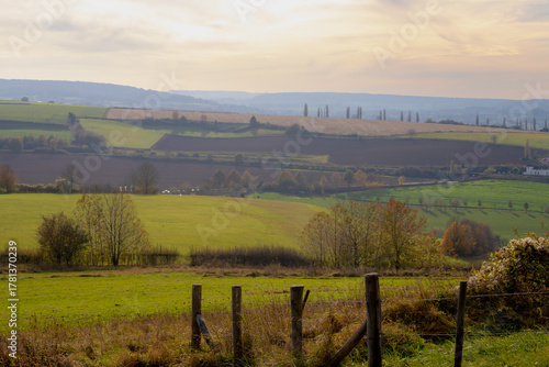Autumn landscape, Terrain hilly countryside in Zuid-Limburg, Small houses hidden on hillside, farm and forest, Eys is a village in the municipality of Gulpen-Wittem and region in Limburg, Netherlands