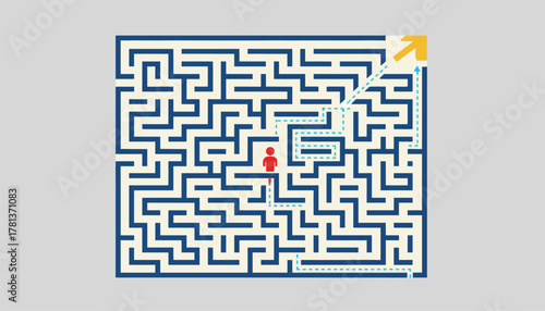 A maze with a small figure finding the exit representing the complexity and determination often involved in reaching goals.