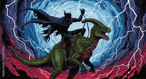 Fantasy Rider Silhouette A Mysterious Figure Riding a Dinosaur Through a Stormy Sky