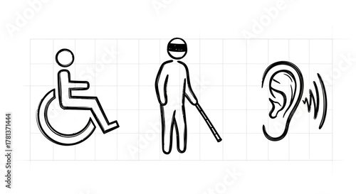 Accessibility symbols for disability awareness featuring wheelchair, blind stick, and hearing