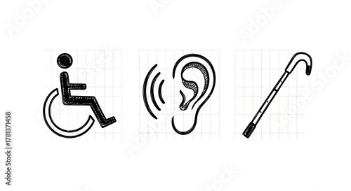 Hand drawn accessibility symbols featuring wheelchair, hearing, and walking aid icons