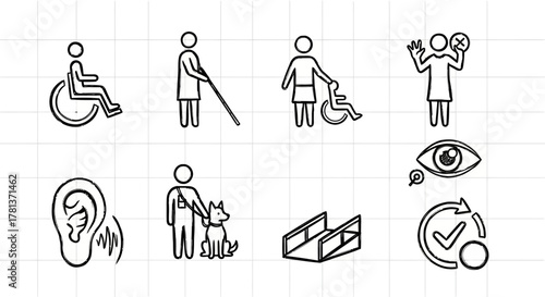 Inclusive accessibility icons depicting diverse disabilities in linear style set on grid