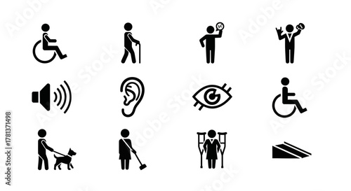 Diverse accessibility icons set featuring mobility and communication aids