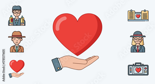 Heart and love icons collection featuring diverse characters and symbols of affection